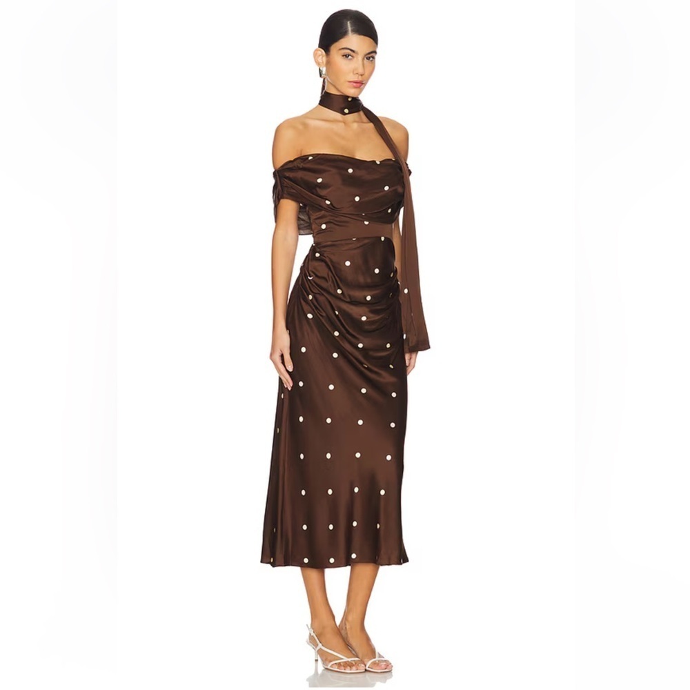 LPA Luisa Midi Dress Brown & CreamPolka Dot satin Revolve NWT XS - Picture 3 of 11